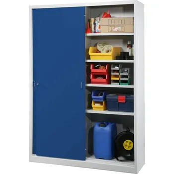 Kovová skříň s posuvnými dveřmi, v x š x h: 1990 x 1400 x 435 mm, barva šedá RAL7035 / modrá RAL5010