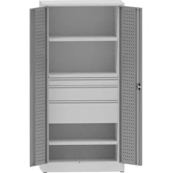 Dílenská skříň na nářadí, v x š x h: 1950x950x500 mm, perforované panely, 2 x police, 3 x zásuvka, barva šedá RAL7035 / šedá RAL7035