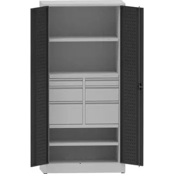 Dílenská skříň na nářadí, v x š x h: 1950x950x500 mm, perforované panely, 2 x police, 6 x zásuvka, barva šedá RAL7035/antracit RAL7016