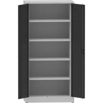 Dílenská skříň na nářadí, v x š x h: 1950x950x500 mm, perforované panely, 4 x police, barva šedá RAL7035/antracit RAL7016