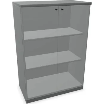 Policová skříň Kancelářská skříň - dveře dvoukřídlé prosklené, v x š x h: 1155 x 800 x 445 mm, barva tmavě šedá