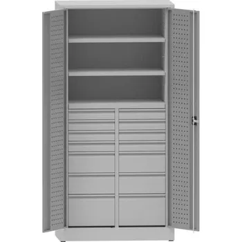 Dílenská skříň na nářadí, v x š x h: 1950x950x500 mm, perforované panely, 2 x police, 14 x zásuvka, barva šedá RAL7035 / šedá RAL7035
