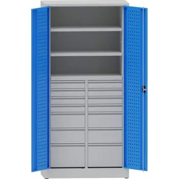 Dílenská skříň na nářadí, v x š x h: 1950x950x500 mm, perforované panely, 2 x police, 14 x zásuvka, barva šedá RAL7035 / modrá RAL5012