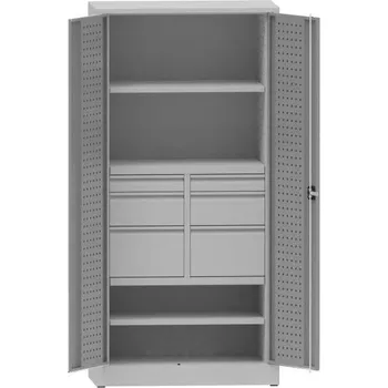 Dílenská skříň na nářadí, v x š x h: 1950x950x500 mm, perforované panely, 2 x police, 6 x zásuvka, barva šedá RAL7035 / šedá RAL7035