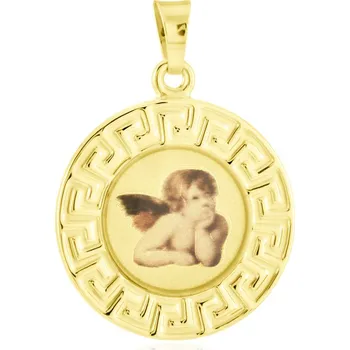Přívěsek GEMMAX Original – garance kvality Zlatý přívěsek Andělíček s řeckým vzorem – Raffael – barevný akrylový potisk – zlatý šperk ryzosti 585/1000 v Dárkovém balení s Certifikátem GUPYN-39321