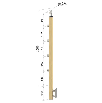 Zábradlí KOVIAN, s.r.o. Dřevěný sloup, boční kotvení, 4 řadový, průchozí, vnější, vrch nastavitelný, (40x40 mm), materiál: buk, broušený povrch s nátěrem BORI (bezbarvý)
