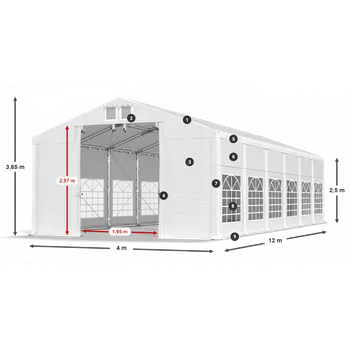Zahradní stan Párty stan 4x12x2,5m střecha PVC 620g/m2 boky PVC 620g/m2 konstrukce ZIMA PLUS Šedá Bílá Zelená