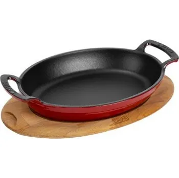 Pánev Litinová pánev 19x14 cm s dřevěným podstavcem - červená