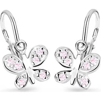 Náušnice Dětské náušnice z bílého zlata motýlek s růžovými zirkony, 1.23 g,