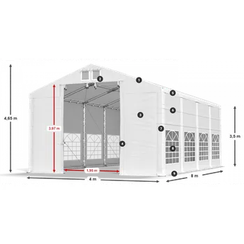 Zahradní stan Párty stan 4x8x3,5m střecha PVC 620g/m2 boky PVC 620g/m2 konstrukce ZIMA PLUS Šedá Bílá Zelená