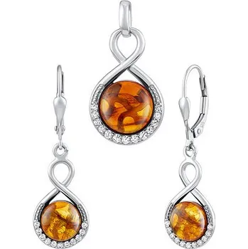 Souprava šperků Stříbrný set šperků s pravým jantarem a Brilliance Zirconia - náušnice a přívěsek JST147107SJ