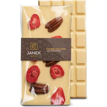 Čokoláda JANEK Bílá čokoláda s pekanovými ořechy a lyofilizovanými jahodami 95 g