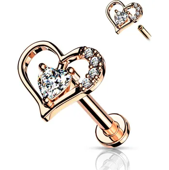 Piercing Piercingate Labreta - srdíčko s kamínky PLA00280 - Barva/Motiv: Růžové zlato/Čirá, Délka tyčky: 6 mm, Průměr tyčky: 1,2 mm