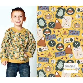 Teplákovina French Terry ve žluté barvě s dětským potiskem 19601/034