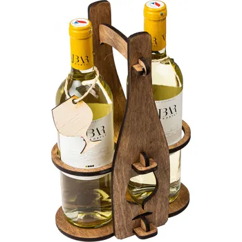 Stojan na víno Dřevěný dárkový nosič na 2 vína s visačkou ve tvaru láhve, Šedá