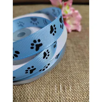 Stuha Rypsová stuha / popruh šíře 15 mm potisk tlapky modrá světlá