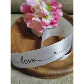 Stuha Saténová stuha s metalickým potiskem Love šíře 26 mm smetanová