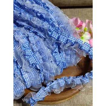 Krajka Oděvní prýmek šíře 20 mm s volánkem káro modrá