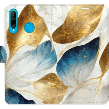 Pouzdro na mobilní telefon Flipové pouzdro iSaprio - GoldBlue Leaves - Huawei P30 Lite