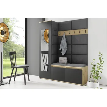 Předsíňová stěna Eka Předsíňová stěna s čalouněnými panely Trinity 14 - Dub Artisan s černou / Tmavá šedá 2315