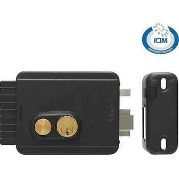 Pohon brány elektrický zámek BLOCK-OUT se dvěma vložkami a tlačítkem - zámek Viro se střelkou, závorou a děleným trnem pro lehčí vnitřní i venkovní veře a pěší branky otevírané dovnitř, vnitřní a vnější kulatá vložka, 3 klíče, levý, antracit