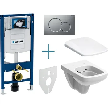 WC sada Geberit Duofix - sada pro závěsné WC 111.300.00.5 JX + rimfree klozet a sedátko Geberit Selnova Square + tlačítko Sigma01, lakovaný chrom mat easy-to-clean (111.300.00.5 JX3)