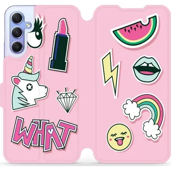 Pouzdro na mobilní telefon Flipové pouzdro Mobiwear - Samsung Galaxy A34 5G - M129S Růžové WHAT (Knížkové flip pouzdro, obal, kryt na mobil Samsung Galaxy A34 5G - M129S Růžové WHAT, materiál Umělá kůže + TPU - ochrana 360°, stojánek, silikonová vanička, magnetické zavírání)