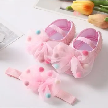 Dětská sálová obuv Capáčky - balerínky s mašličkou s barevnými bambulkami v setu s čelenkou Barva: Růžová, Stélka: 13 cm (13-18m)