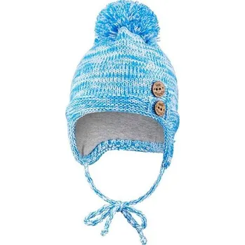 Čepice LITTLE ANGEL Čepice pletená zavazovací bambule a knoflíky Outlast ® - modrá melír Vel. 3 | 42-44 cm