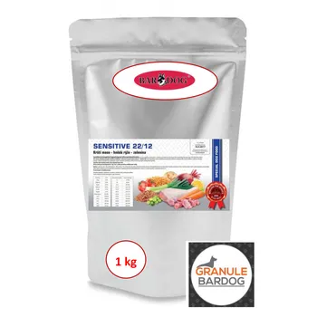 Krmivo pro psa Bardog Sensitive 22/12 1 kg – testovací balení, hypoalergenní granule s krůtím masem a hnědou rýží