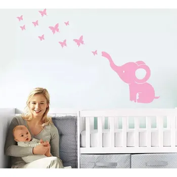 Samolepící dekorace Samolepka na zeď "Sloník s motýly - růžový" 100x140 cm