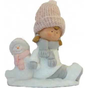 Vánoční dekorace Figurka magnesium zimní holčička se sněhulákem - 36 cm