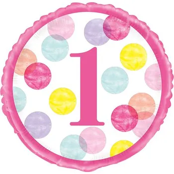 Balónek Unique - Růžový fóliový balónek First Birthday (46 cm) - Pink Dots 1st -