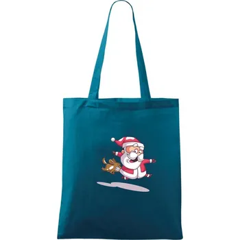 Nákupní taška Santa se zakousnutým psem - Taška bavlněná - 42 x 38 cm ( Petrolejová )