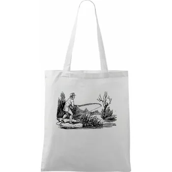 Nákupní taška Kreslený rybář nahazující - Taška bavlněná - 42 x 38 cm ( Bílá )