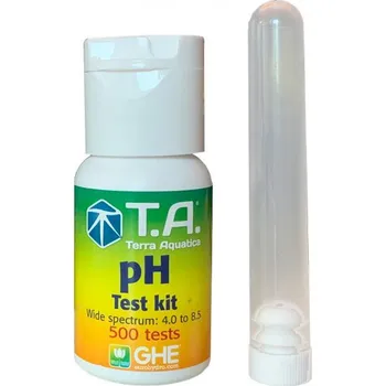 Diagnostický test T.A. pH test kit 30ml (Velmi spolehlivý, jednoduchý na používání a levný. Testovací nádobku stačí do poloviny naplnit živným roztokem, přidejte 2 - 3 kapky pH testovacího ukazatele, protřepejte a pozorujte a porovnejte výsledné zbarvení.)