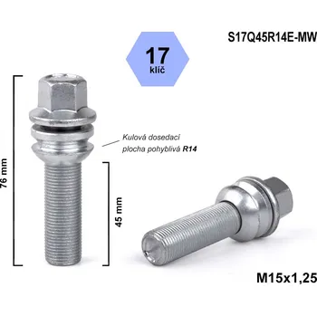 Šroubek na kolo Kolový šroub M15x1,25x45 kulový R14, pohyblivá plocha, klíč 17, S17Q45R14E-MW, výška 76 mm