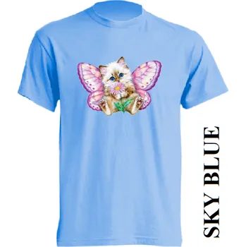 Dívčí tričko detske-levne-bavlnene-tricko-potisk-kote-motylek Barva: Sky blue - nebesky modrá, velikost: 140