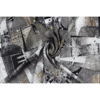 Umělé hedvábí / Silky černo zlatá geometrie