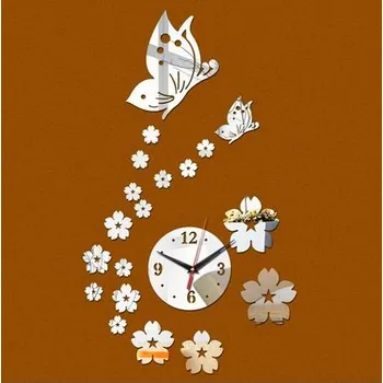 Hodiny Nástěnné 3D hodiny - motiv Motýlci a květiny Barva: Stříbrná