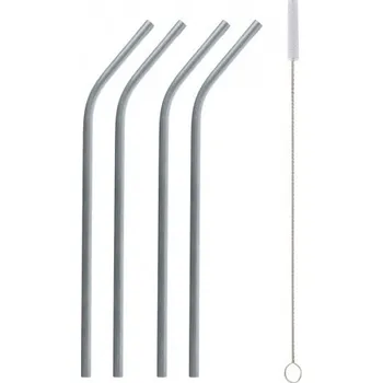 Nerezová brčka, stříbrná, 4x ohnutá + kartáček