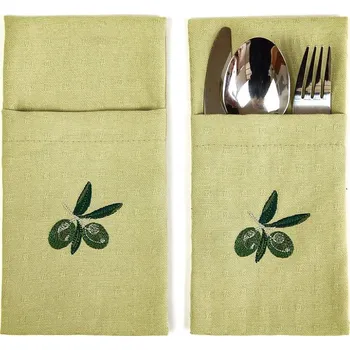 Kravata HEDVA ČESKÝ BROKÁT Kapsa na příbory 100%ba set 2ks čtvereček s výšivkou OLIVA zelená