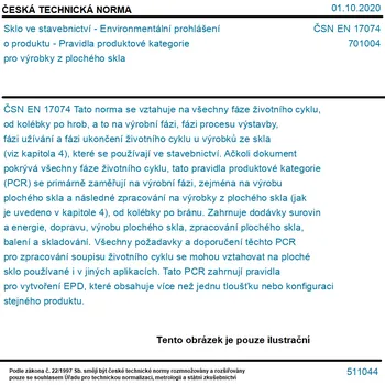 ČSN EN 17074 - Sklo ve stavebnictví - Environmentální prohlášení o produktu - Pravidla produktové kategorie pro výrobky z plochého skla - Tisk
