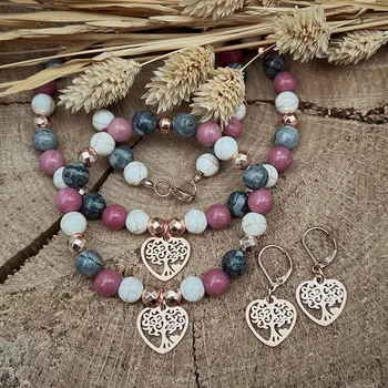 Souprava šperků Sada šperků – minerální náramek, náhrdelník a náušnice z bílého tyrkysu, rodochrozitu, jaspisu a hematitu, se stromem života v srdci