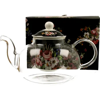 Filtrační konvice DUO Gifts DG - Skleněná konvice se sítkem VINTAGE FLOWERS BLACK v dárkové krabičce - 1000 ml