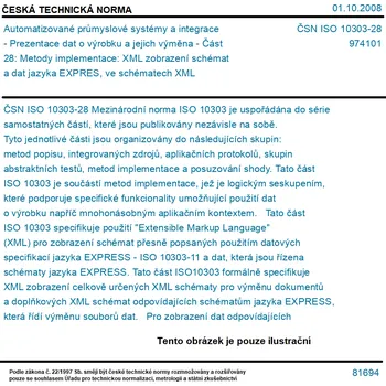 ČSN ISO 10303-28 - Automatizované průmyslové systémy a integrace - Prezentace dat o výrobku a jejich výměna - Část 28: Metody implementace: XML zobrazení schémat a dat jazyka EXPRES, ve schématech XML - Tisk