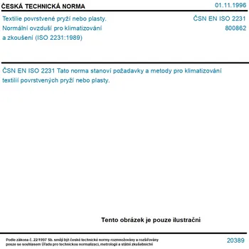 ČSN EN ISO 2231 - Textilie povrstvené pryží nebo plasty. Normální ovzduší pro klimatizování a zkoušení (ISO 2231:1989) - Tisk