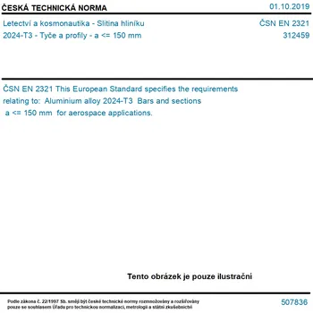 ČSN EN 2321 - Letectví a kosmonautika - Slitina hliníku 2024-T3 - Tyče a profily - a <= 150 mm - Tisk