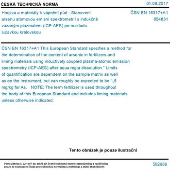 ČSN EN 16317+A1 - Hnojiva a materiály k vápnění půd - Stanovení arsenu atomovou emisní spektrometrií s indukčně vázaným plazmatem (ICP-AES) po rozkladu lučavkou královskou - Tisk