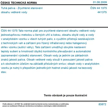 ČSN 44 1375 - Tuhá paliva - Zrychlené stanovení obsahu veškeré vody - Tisk